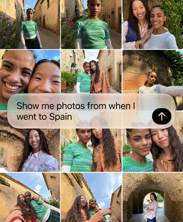 Scherm met vraag aan Siri AI om recente vakantiefoto’s op te zoeken, tekst van de vraag overlapt met fotoraster