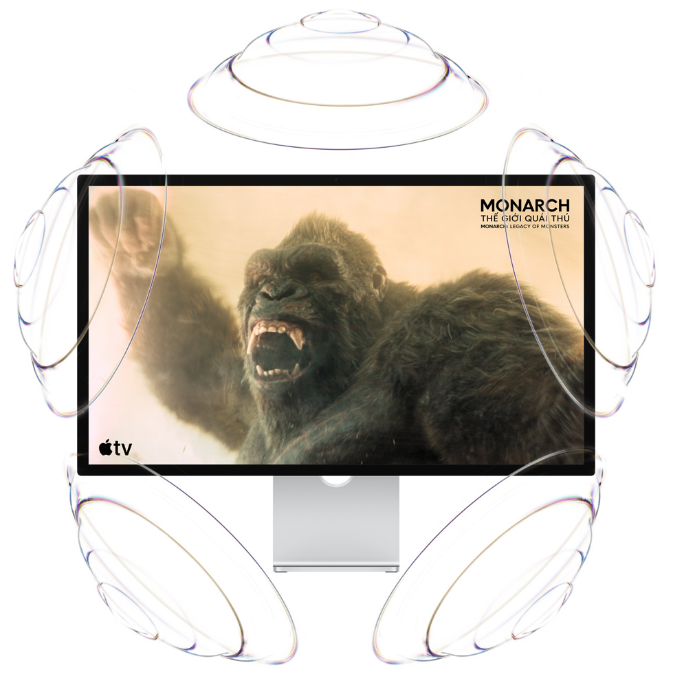 Apple TV promo, title: Monarch: Legacy of Monsters, King Kong holds a fist in the air and roars